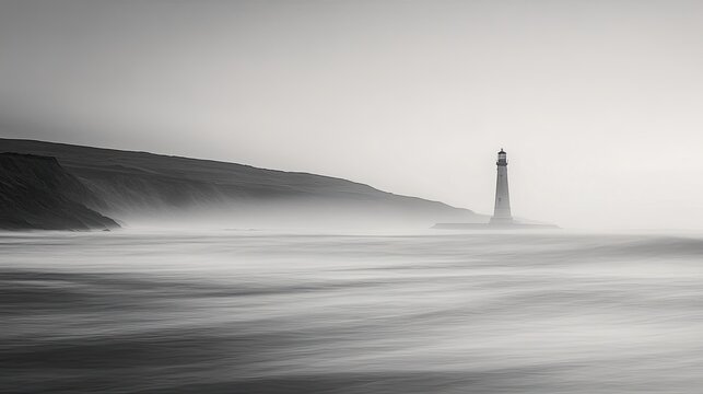 Coastal scene with a lone lighthouse standing tall against a crisp horizon gentle waves and misty waters create a tranquil setting minimal yet powerful composition