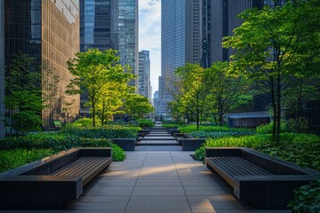 City Park Pathway Between Tall Buildings With Benches