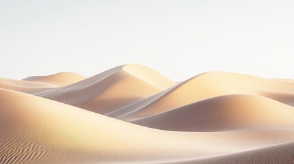 Desert dunes with gentle curves warm light bathing the landscape minimal contrast and clear skies evoke a sense of expansive simplicity and serene beauty