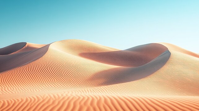 Desert dunes with gentle curves warm light bathing the landscape minimal contrast and clear skies evoke a sense of expansive simplicity and serene beauty