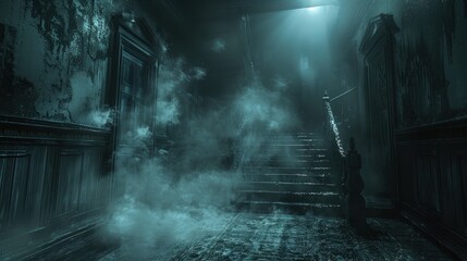 A mysterious and eerie hallway shrouded in fog, with dim light illuminating the staircase, perfect for horror themes.