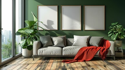 Modern Living Room Interior Design with Green Walls and White Sofa