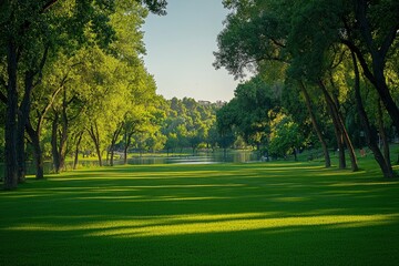 Obraz premium A grassy field with a pond and trees framing the view
