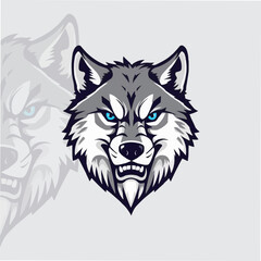 Game style wolf logo template illustration. Wolf head mascot sports symbol. Head of Strong Wolf with Blue Eyes.  Adobe Illustrator Artwork