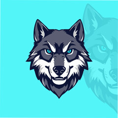 Game style wolf logo template illustration. Wolf head mascot sports symbol. Head of Strong Wolf with Blue Eyes.  Adobe Illustrator Artwork