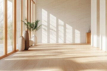A bright and airy hallway with a minimalist design with light wood floors and walls