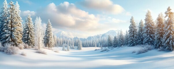 Obraz premium Cloudy winter forest horizon with snow-covered trees and a muted, cold atmosphere