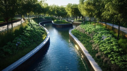 Fototapeta premium Serene Urban Park with Curved Waterway Surrounded by Lush Greenery and Trees on a Sunny Day