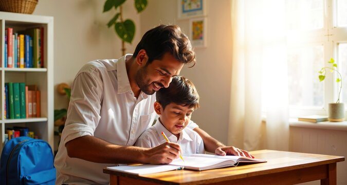 Supportive Indian Dad Helps Young Son with School Work at Home