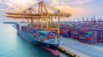 Fototapeta premium Container ship carrying container boxes import export dock with quay crane