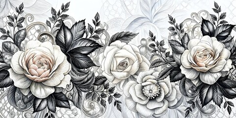 Elegant Black White Floral Design Roses Leaves Artistry Decoration
