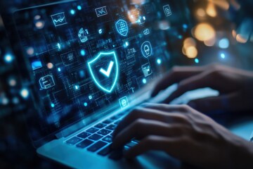 A business professional hands hover over a laptop keyboard surrounded by glowing digital icons