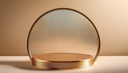 Modern, minimal round gold colored steel table podium with reeded glass partition on cream colored wall for luxury, organic, beauty, cosmetic product display