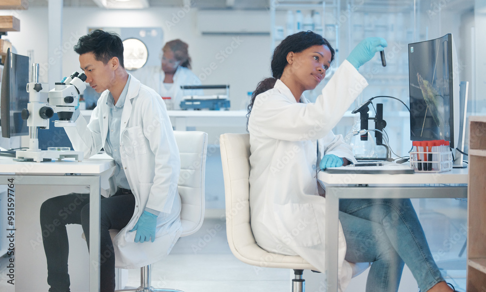 Poster science, team or tech in lab for experiment, vaccine development or bacteria analysis. experts, stud