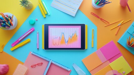 Creative Data Dive: A vibrant, colorful workspace with a tablet displaying data charts, surrounded by stationery, embodies a playful approach to analytics and design. 