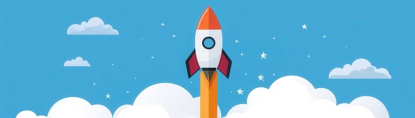 Fototapeta premium Colorful Cartoon Rocket Launching into Blue Sky with Clouds and Stars in Background