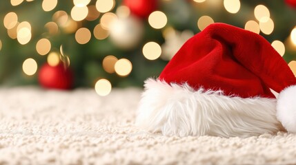 A red Santa hat on a white carpet. The scene conveys a festive and joyful mood. Bokeh and copy space on the background.