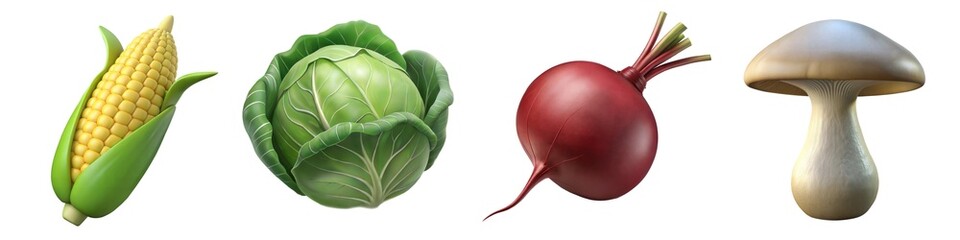 Obraz premium Set of 3D vegetables on a transparent background. Corn, cabbage, beetroot, edible mushroom. 