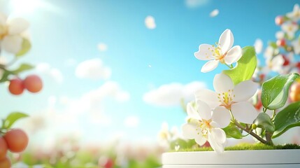 Countryside orchard with blossoming trees, rural springtime scene, vibrant flower clusters, warm sunlight illuminating the landscape