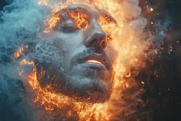 Obraz premium A striking portrait of a handsome man surrounded by smoke and fiery explosions for Halloween-themed promotions, creative projects, and dramatic imagery with copy space.