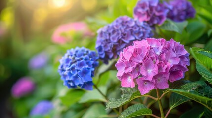 Fototapeta premium Close-Up of Purple and Blue Hydrangeas