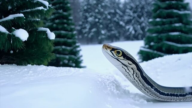 close-up of a snake in winter against the background of snow concept of the New Year according to the eastern calendar