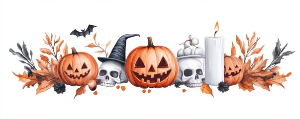 A Halloween banner featuring festive lettering and spooky elements, set against a white background in watercolor style.