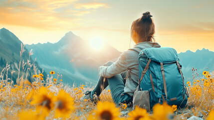 Fototapeta premium Female hiker is resting in a field of yellow wildflowers while enjoying a mountain view at sunset