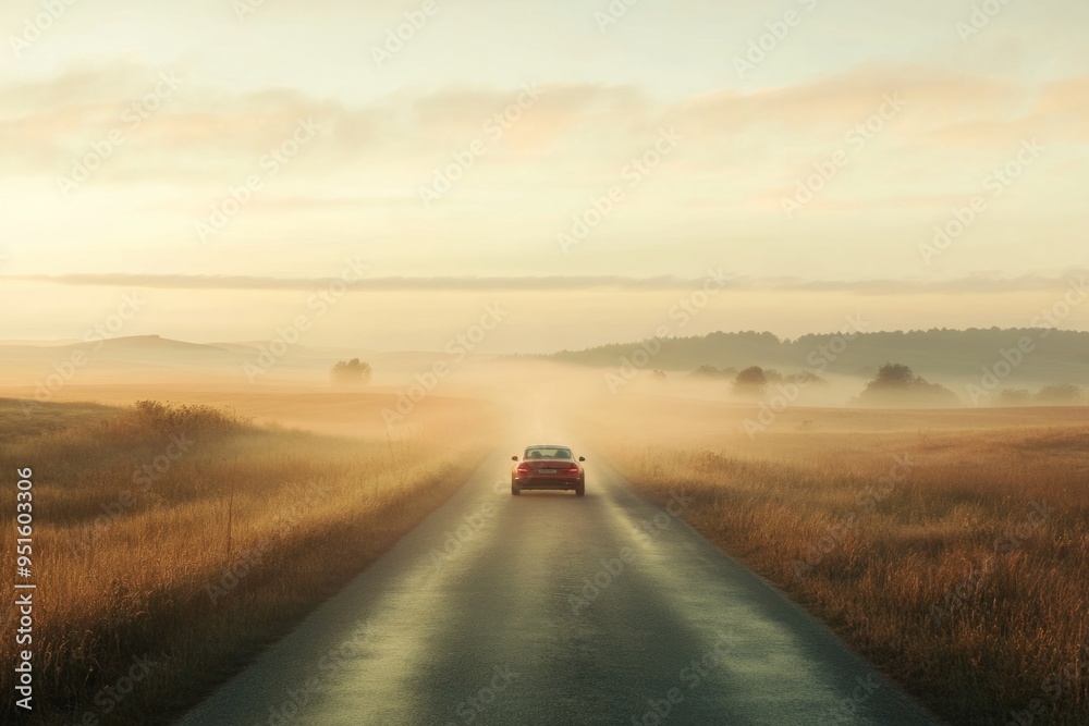 Wall mural A car drives down a quiet road in the early morning mist. The scene is serene and evokes a sense of adventure. Perfect for travel and automotive themes. Generative AI