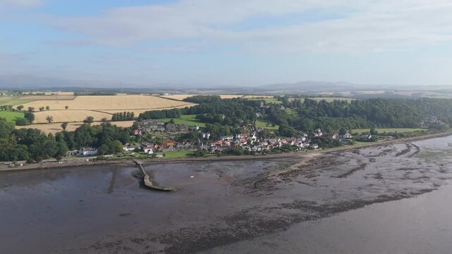 Aerial view of Culross, pretty village in Fife, Scotland on bright day
