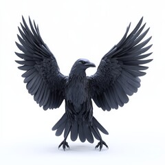 Obraz premium Black Raven with Spread Wings on White Background.