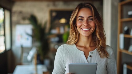 Confident and Connected:  A young woman smiles radiantly, radiating confidence and success, holding a tablet in a modern, stylish office setting. This image embodies the spirit of modern business and 