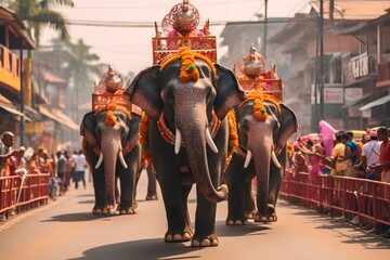 A ceremonial elephant parade along a street © Ирина Старикова