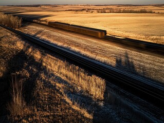 Obraz premium Golden Hour Train Passing Through Vast Rural Fields with Shadows and Sunlight