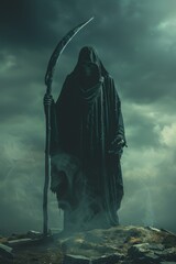 Grim Reaper: The Grim Reaper standing in a dark graveyard surrounded by fog and smoke, holding a scythe. Death, classic horror monsters, halloween poster, flyer, advertising.