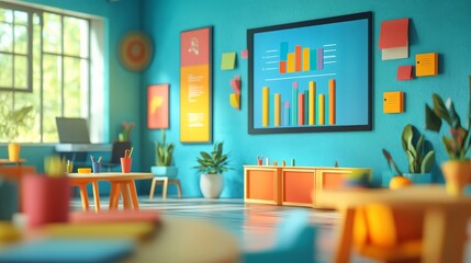 Vibrant Classroom, Ready for Learning: A 3D render of a cheerful and colorful classroom, bathed in natural light, awaits the day's lessons. 