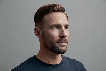 Fototapeta premium A man with a well-groomed beard and short brown hair looks thoughtfully to his left, wearing a dark blue t-shirt against a light gray background