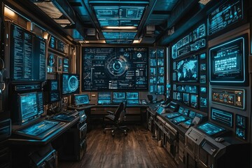 Obraz premium Futuristic Control Room with Numerous Monitors Displaying Data and Information