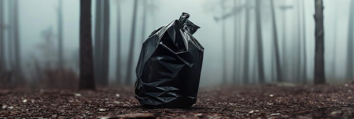 Uncomfortable scene with big black garbage bag in the foggy forest. Environment pollution or crime scene illustration.