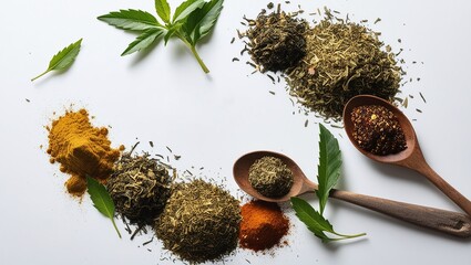 Green tea and Wooden Spoons, Artfully Arranged on a Clean White Background