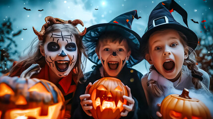 Three excited kids dressed in Halloween costumes gather outdoors at dusk, holding glowing carved pumpkins while enjoying the exciting and festive atmosphere