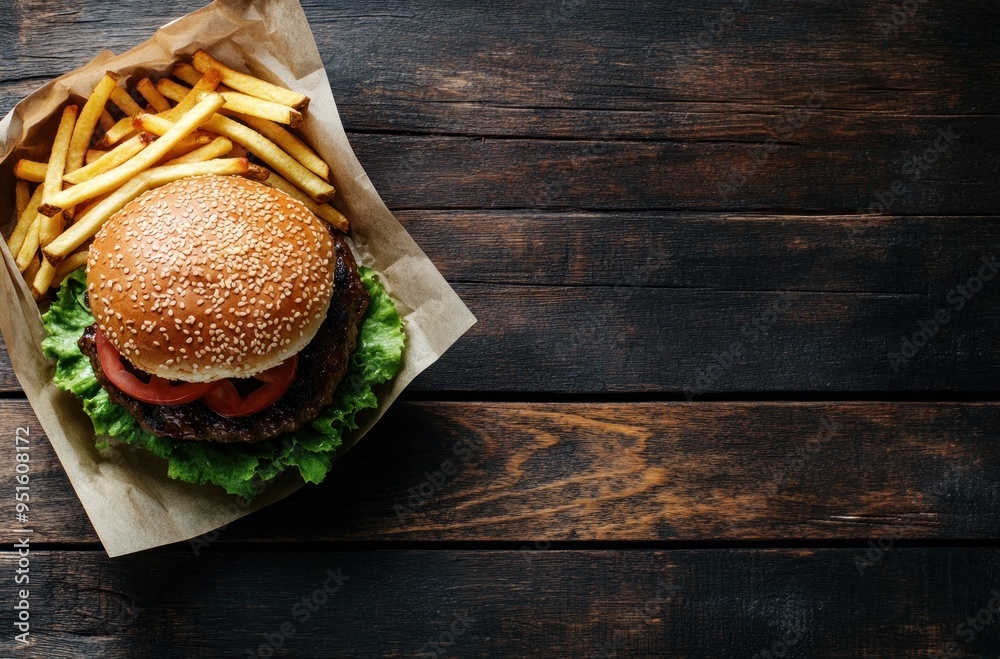 Wall mural Burger and Fries on Wooden Table