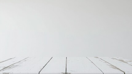 Empty wooden white table over white wall background