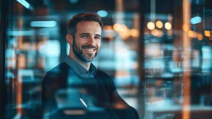 Business professional smiling while looking at digital interface in modern office during daytime