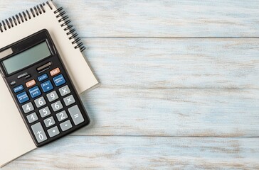 Calculator and Notepad on a Wooden Table