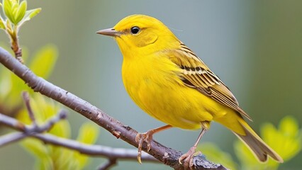 A bright yellow bird with black stripes perches on a branch with green leaves in the background.