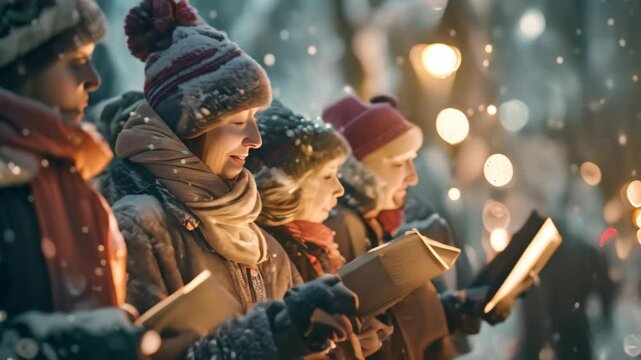 A group of carolers sing Christmas carols together in the snow, A group of carolers singing joyous tunes in the snow-covered streets