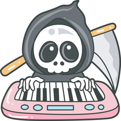 Illustration of cute skull ghost icon.
Funny skull ghost in activities stickers.
Angel of death cute elements.