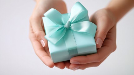 Delicate hand presenting a beautifully tied present crisp white background intricate ribbon design close-up shot