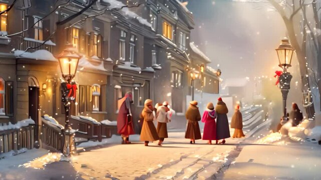 A group of carolers sing Christmas songs in a snowy street, lit by street lamps, A group of carolers singing joyous tunes in the snow-covered streets